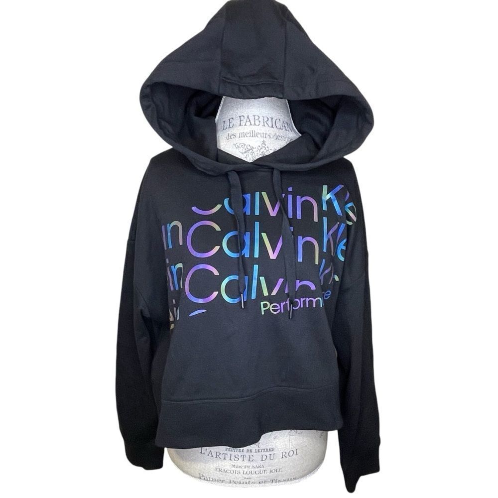 NWT Calvin Klein Performance Womens Cropped Hoodie With Iridescent Logo Black XL